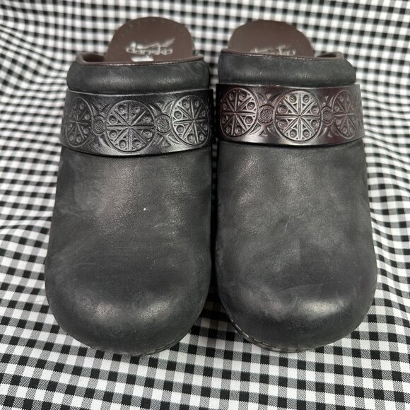 Dansko Saundra Black Brown Leather Tooled Chunky Mule Clogs EU 39 / Women's 8.5 - Picture 2 of 5